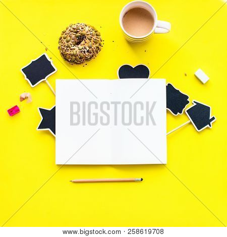 Notebook Open Pencil Chalkboard Different Frame Your Text Coffee Cup Drink Fresh Bun Donut Cereals S
