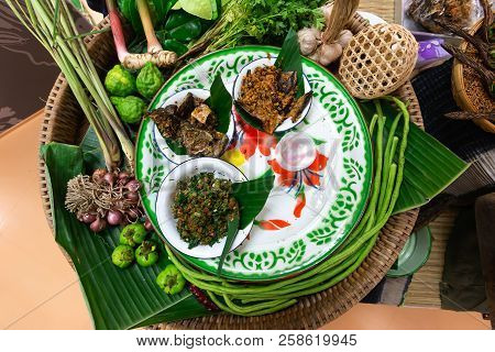 Many Kinds Of Thai Food On Green Banana