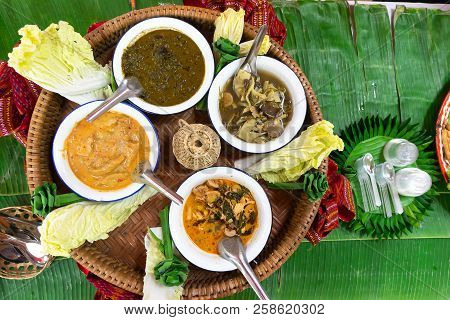 Many Kinds Of Thai Food On Green Banana