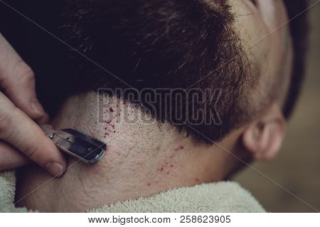 Razor Blade And Razor Sharp Concept. Skin Care While Shaving. Shaving Man And Razor Man. Shaving Cre