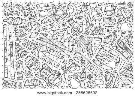 Hand Drawn Skiing Set Doodle Vector Background