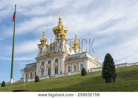 St Petersburg, Russia - 03 June, 2018: Horizontal Picture Of The Facade Of Golden Church With Russia