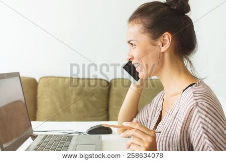 Young Beautiful Woman Working At Her Home Office Communication Computer Internet Laptop Businesswoma