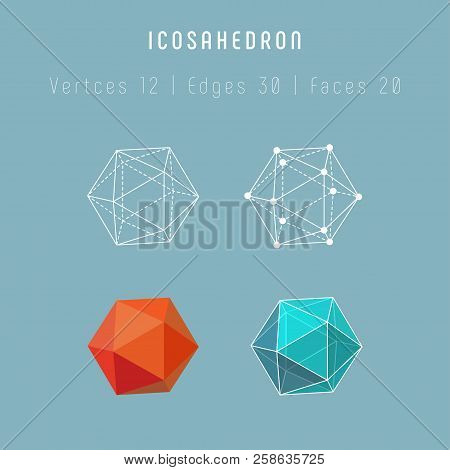Regular Polyhedron Icosahedron. One Of Platonic Solids. Vector 3d Icons On Gray Background.