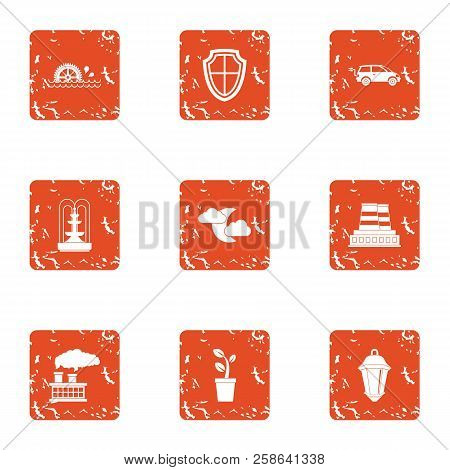 Pollution Eco Area Icons Set. Grunge Set Of 9 Pollution Eco Area Icons For Web Isolated On White Bac