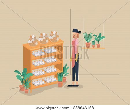 Woman With Plants Vivarium In Shelving Vector Illustration Design