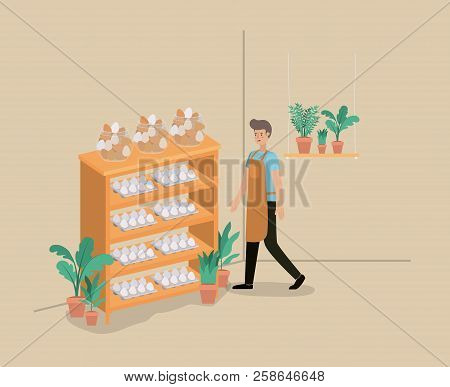 Man With Plants Vivarium In Shelving Vector Illustration Design