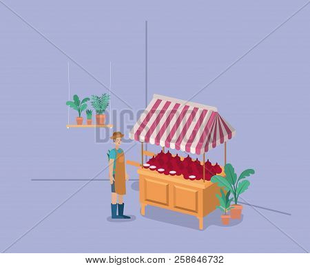 Man With Plants Vivarium In Kiosk Vector Illustration Design