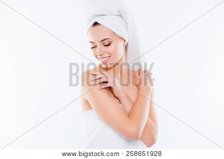 Portrait Of Tender Sensual Girl After Shower With Turban On Head Touching Enjoying Perfect Smooth Sk