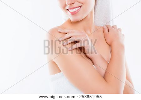 Close Up Half Face Cropped Portrait Of Smiling Woman's Crossed Hands Touching Shoulders Enjoying Smo