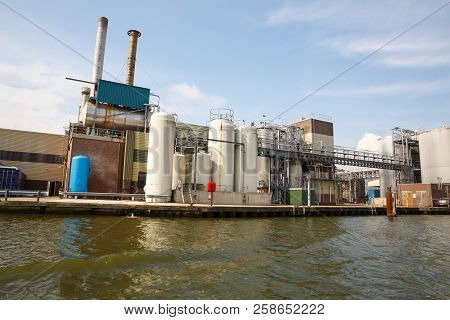 Zaanse Schans, Netherlands, August 19, 2015 - Industrial Area With Containers, Pipes, Tubes And Buil