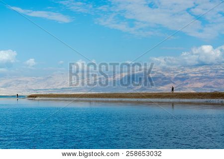Landscape, Blue Water Of Dead Sea, Full Of Minerals Near Ein Bokek, Perfect Place For Medical Treatm