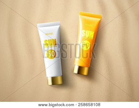 Sun Protection Cosmetics. Body Lotion Or Cream Tubes With Uv Protection And Moisturizing Effect On S