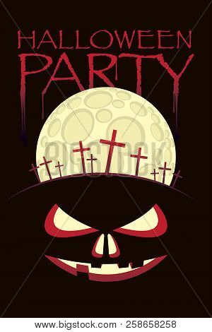 Vector Banner For Halloween Party With Horrid Face And Crosses At The Cemetery On The Background Of 