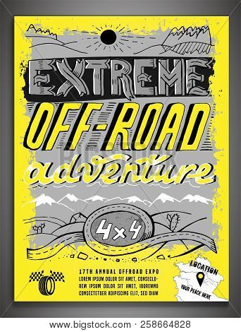 Extreme Off-road Adventure. Vintage Style. Unique Hand Drawn Lettering. Vertical Vector Illustration