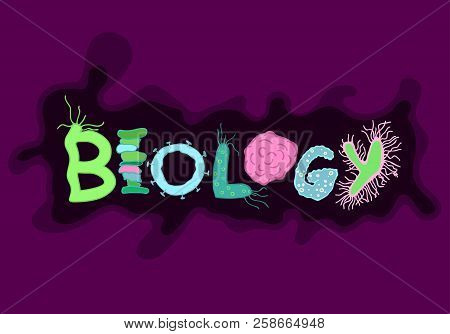Biological Bacteria Lettering With Microbes And Germs. Unique Hand Drawn Letters For Microbiology De