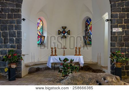 Tiberias, Israel, September 10, 2018 : Altar Of The Church Of The Primacy Of Saint Peter Located On 