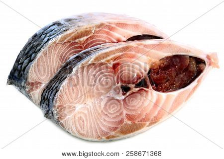 Uncooked Slices Ilish Fish Of Southeast Asia On White Background