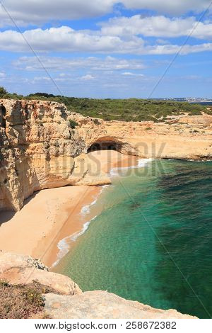 Portugal Atlantic Coast Landscape In Algarve Region. Marinha Beach Area - Praia Da Malhada Do Baraco