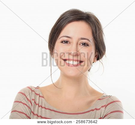 Real Happiness Of Pretty Woman Portrait Against White Background
