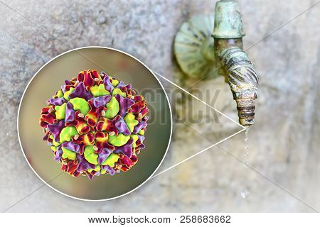 Safety Of Drinking Water Concept, 3d Illustration Showing Polio Viruses Contaminating Drinking Water