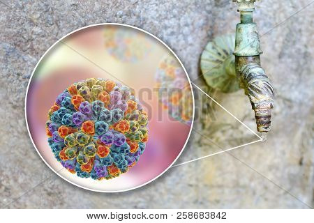 Safety Of Drinking Water Concept, 3d Illustration Showing Rotaviruses Contaminating Drinking Water
