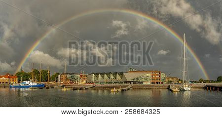 A Full Rainbow Arcs Over The Art Gallery In Helsingor, Denmark.