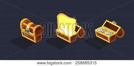 Treasure Chest, Open And Closed Antique Boxes With Coins, Game User Interface Element For Video Comp