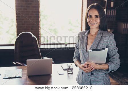 Adorable Attractive Smart Clever Young Brunette Smiling Woman Wearing Checkered Jacket, Working Stra