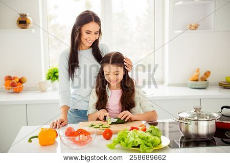 Charming Adorable Attractive Beautiful Brunette Caucasian Kind Young Mum Teaching Her Small Little S