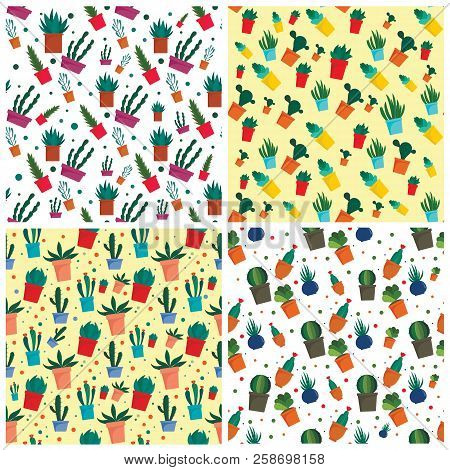 Succulent Pattern Set. Flat Illustration Of Succulent Vector Pattern Set For Web Design