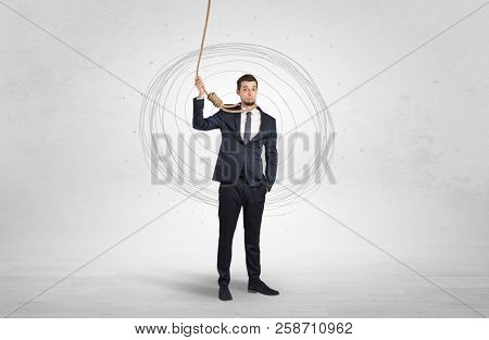 Burnout young elegant businessman trying to suicide with doodle concept