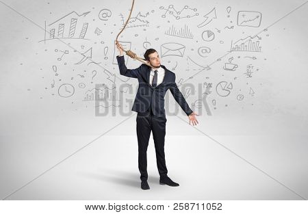 Young burnout businessman with flying documents concept