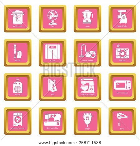 Domestic Appliances Icons Set Pink Square Isolated On White Background