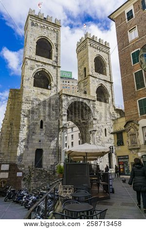 Genoa, Italy - April 29, 2017: Detail Of The Porta Soprana In Genoa, Italy. This Monumental Gate Was