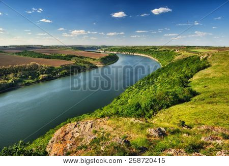 sunset over the Dniester River. Evening in the National Nature Park Podolskie Tovtry