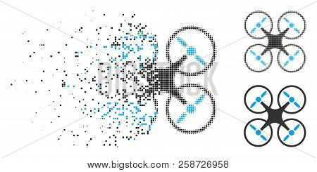 Nanocopter Icon In Fractured, Dotted Halftone And Solid Versions. Points Are Organized Into Vector D