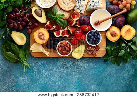 Light Delicious Fruit And Cheese And Nuts Plateu, Easy Party Snack Or Healthy Lunch, View From Above