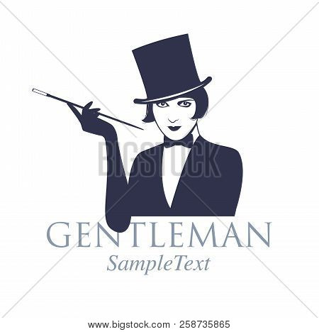 Retro Style Emblem. Girl Dressed As A Gentleman, With Top Hat And Bow Tie, Smoking In Long Pipe