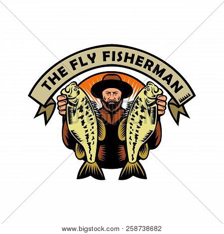 Fly Fisherman Holding Largemouth Bass Woodcut