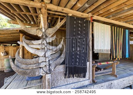 Horns Of The Water Buffalo And Traditional Weaving On The Front Of A House In The Luba Traditional V