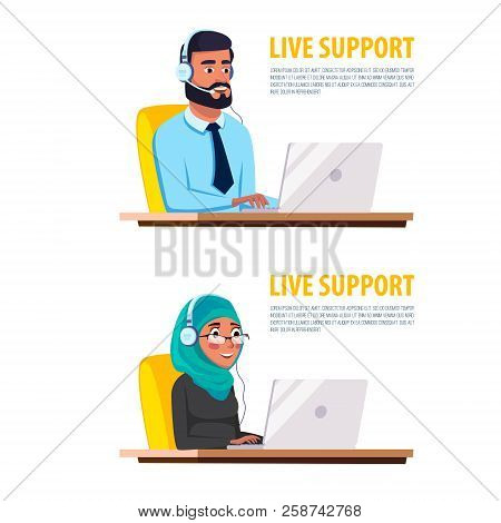 Cartoon Muslim Arab Man Khaliji Woman Call Center Helpline Workplace Desk. Male Female Office Arabic