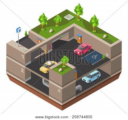 Underground Multi-story Car Parking Isometric 3d Illustration For Construction Design. Isometric Car