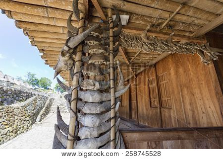 Water Buffalo Skulls And The Front Porch Of A Traditional House In The Bena Traditional Village In F