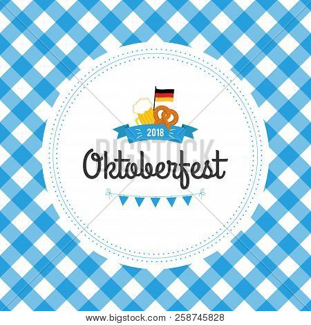 Oktoberfest Poster Vector Illustration With Fresh Lager Beer On Blue White Flag Background. Celebrat