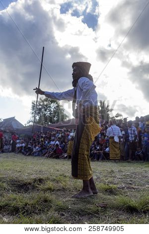 Bajawa, Indonesia - May 19: An Unidentified Village Elder Performs A Harvest Dance At A Gather Near 