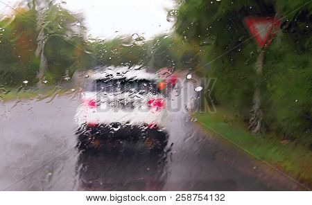 Driving A Car In The Rain Storm