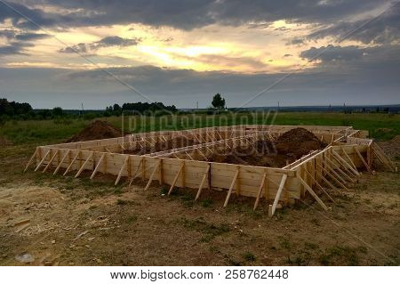 Wooden Formwork Concrete Strip Foundation For A Cottage