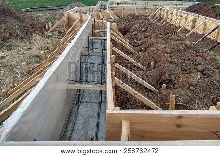 Wooden Formwork Concrete Strip Foundation For A Cottage