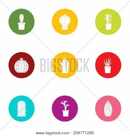 Home Cactus Icons Set. Flat Set Of 9 Home Cactus Vector Icons For Web Isolated On White Background